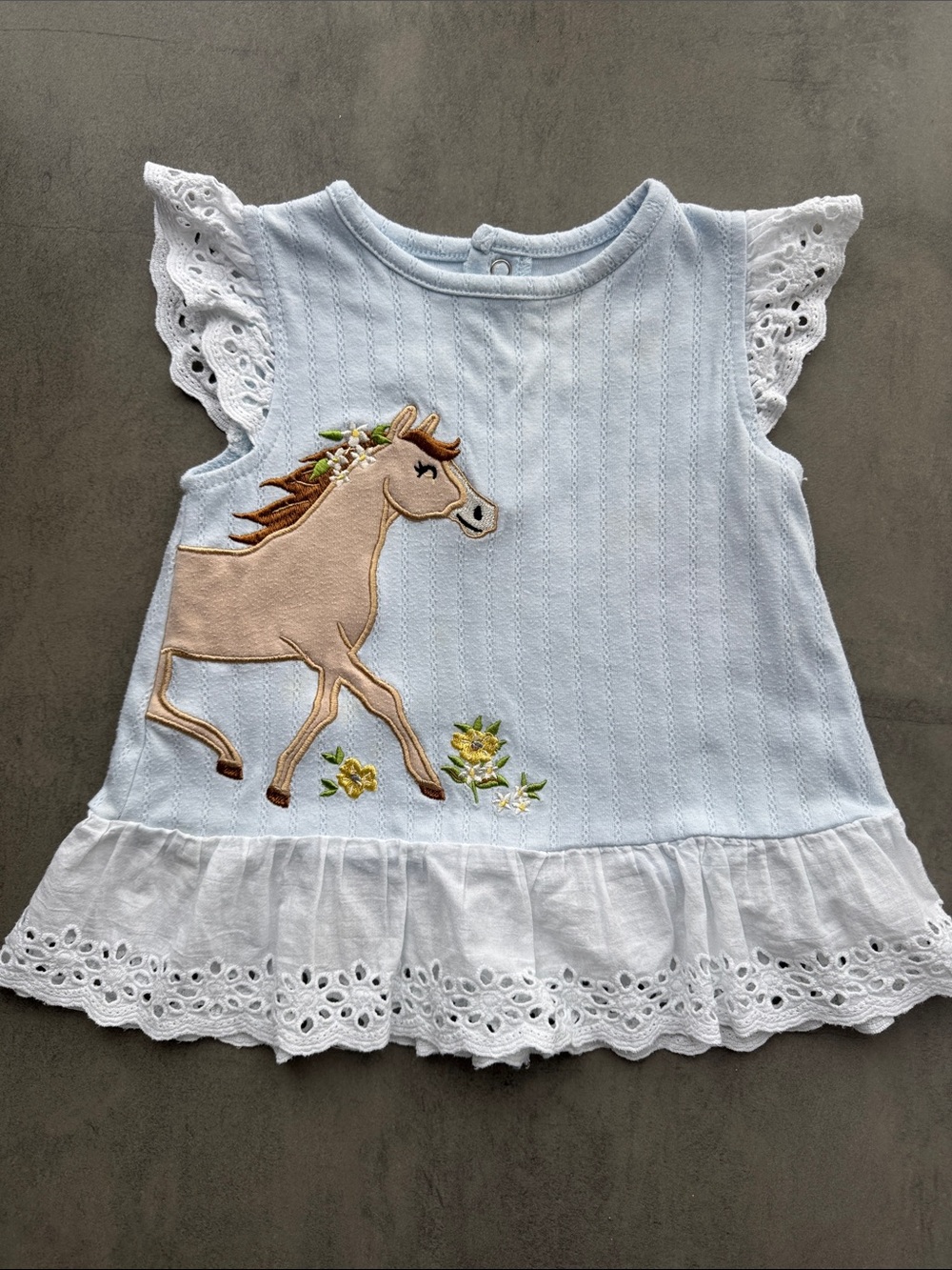 Baby Starters Light Blue Dress with Horse Appliqué and Eyelet Ruffle, 24M